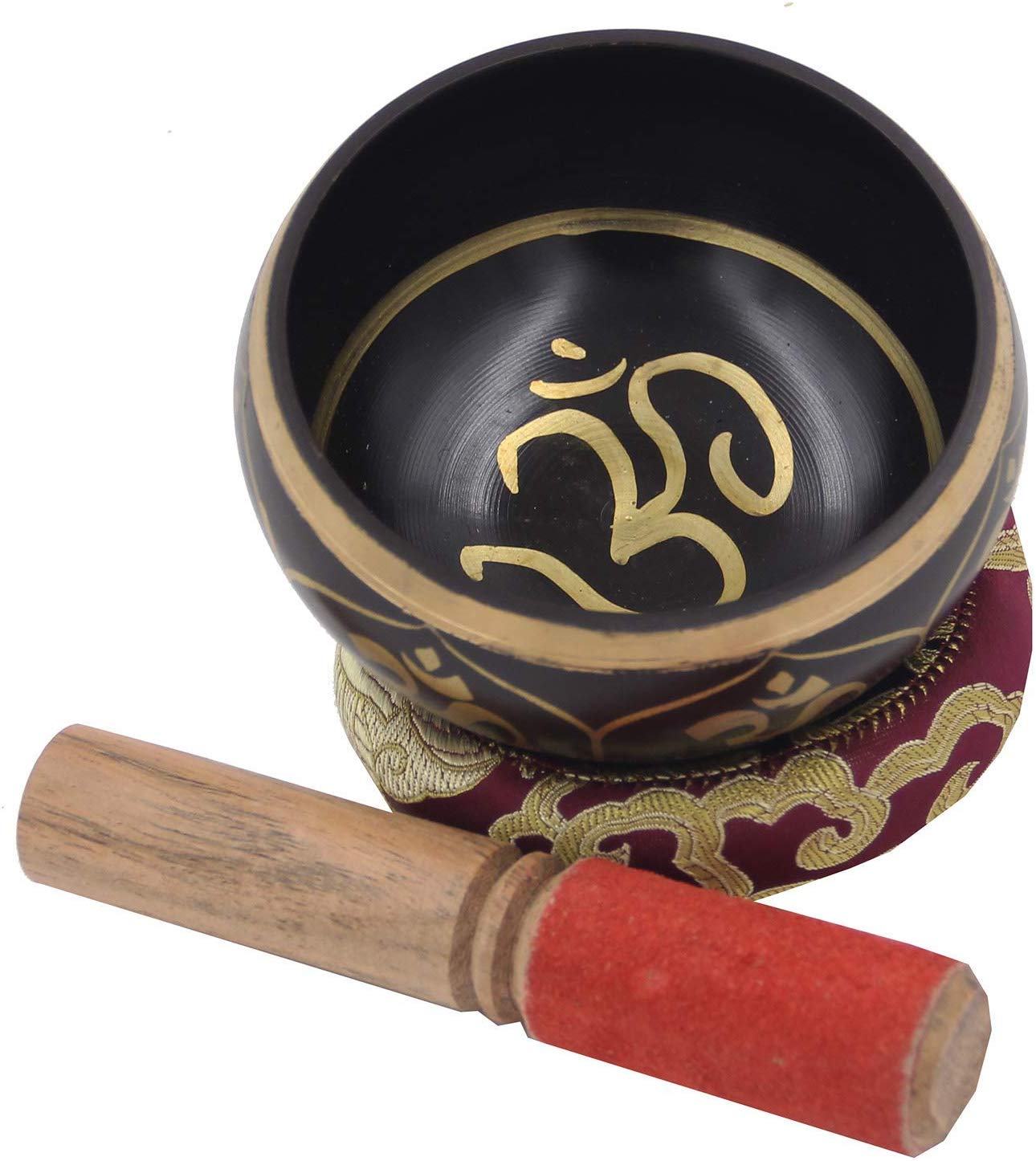 Tibetan OM Singing Bowl Set ~ With Mallet, Brocade Cushion & Carry Bag ~ For Meditation, Chakra Healing, Prayer, Yoga (OM, Purple) - DharmaObjects