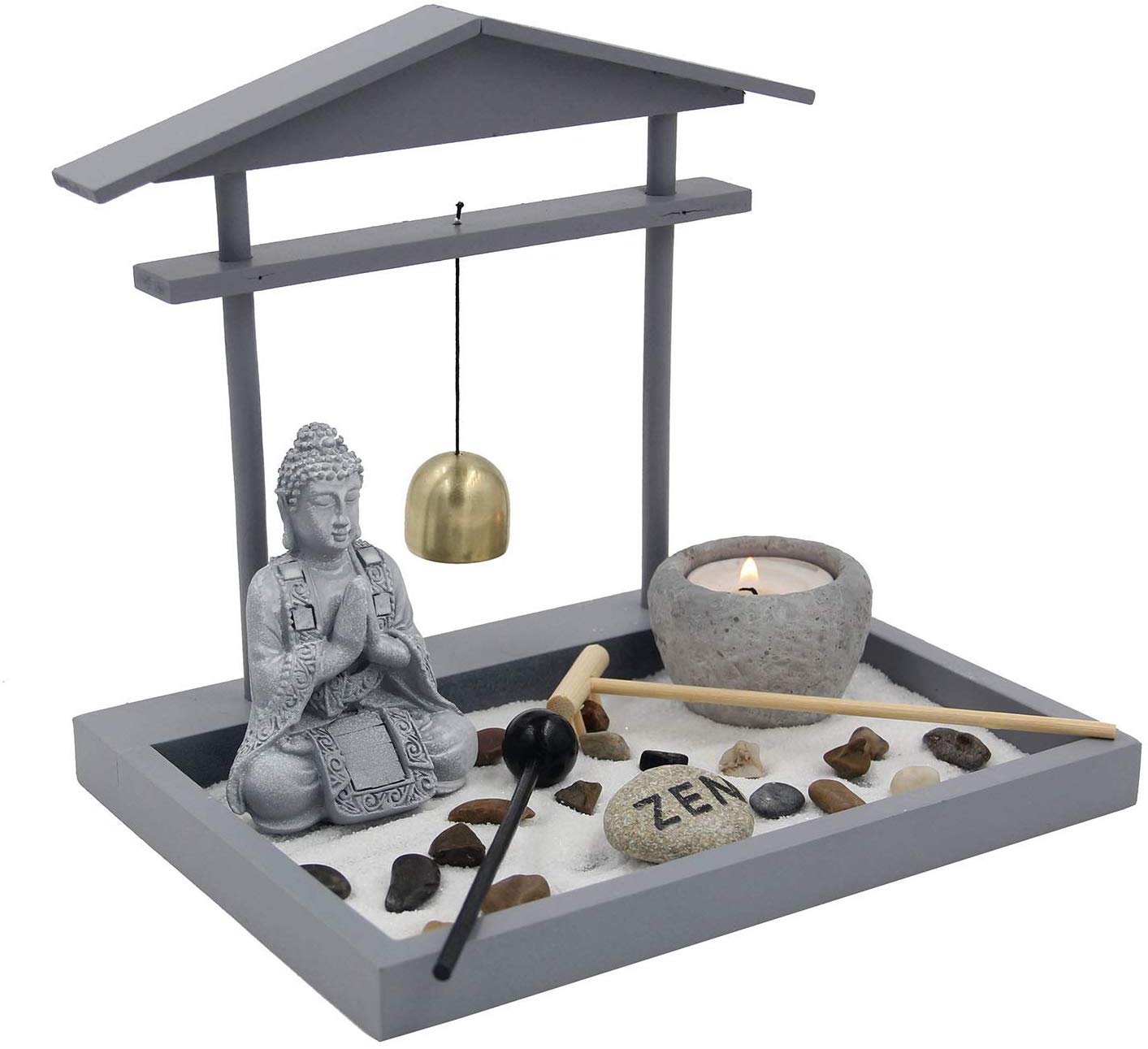 Buddha Zen Garden Tea Light Candle Holder Set (Gray Bell Buddha) - DharmaObjects