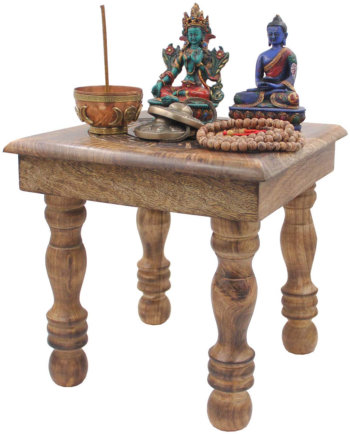 Solid Mango Wood Hand Carved Puja Shrine Altar Meditation Table (Pentagram Star) - DharmaObjects