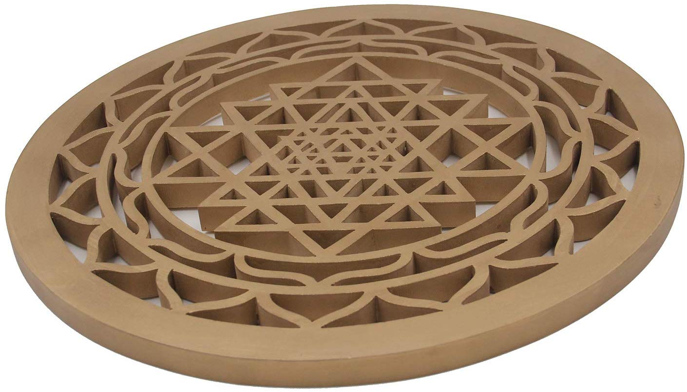 Large Shri Yantra Charka Yoga Meditation Hindu Sacred Handcrafted Wooden Wall Decor Hanging Art (Gold, 15.75 Inches) - DharmaObjects