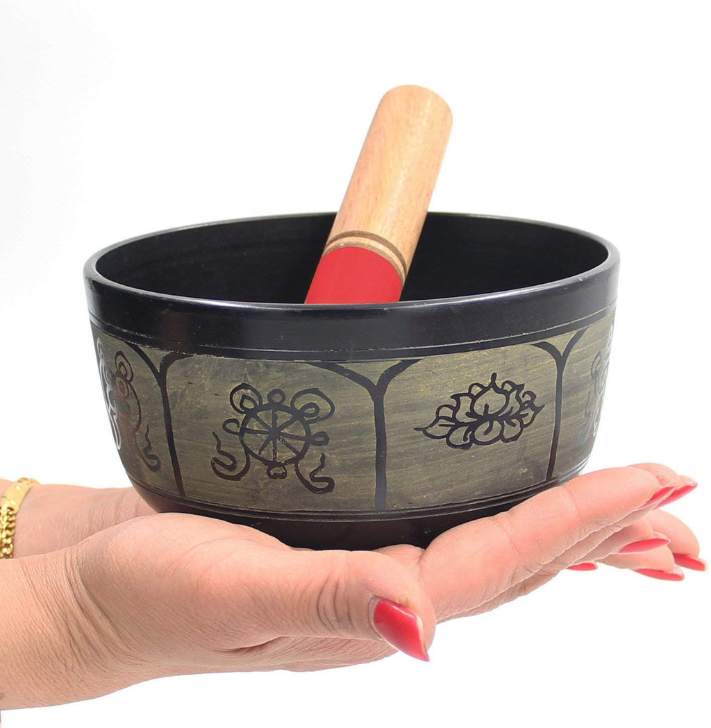 Yoga Meditation 6 Inches 8 Lucky Symbols Singing Bowl/Cushion/Leather Mallet Gift Set (Black) - DharmaObjects