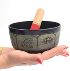 Yoga Meditation 6 Inches 8 Lucky Symbols Singing Bowl/Cushion/Leather Mallet Gift Set (Black) - DharmaObjects