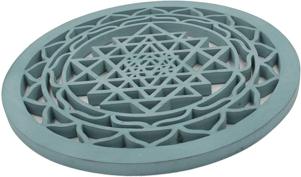 Large Shri Yantra Hindu Sacred Handcrafted Wooden Wall Decor (Turquoise, 15.75 Inches) - DharmaObjects