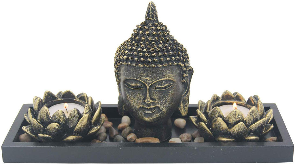 Zen Garden Buddha Head Lotus Tea Light Candle Holder Set Home Décor Gift - DharmaObjects