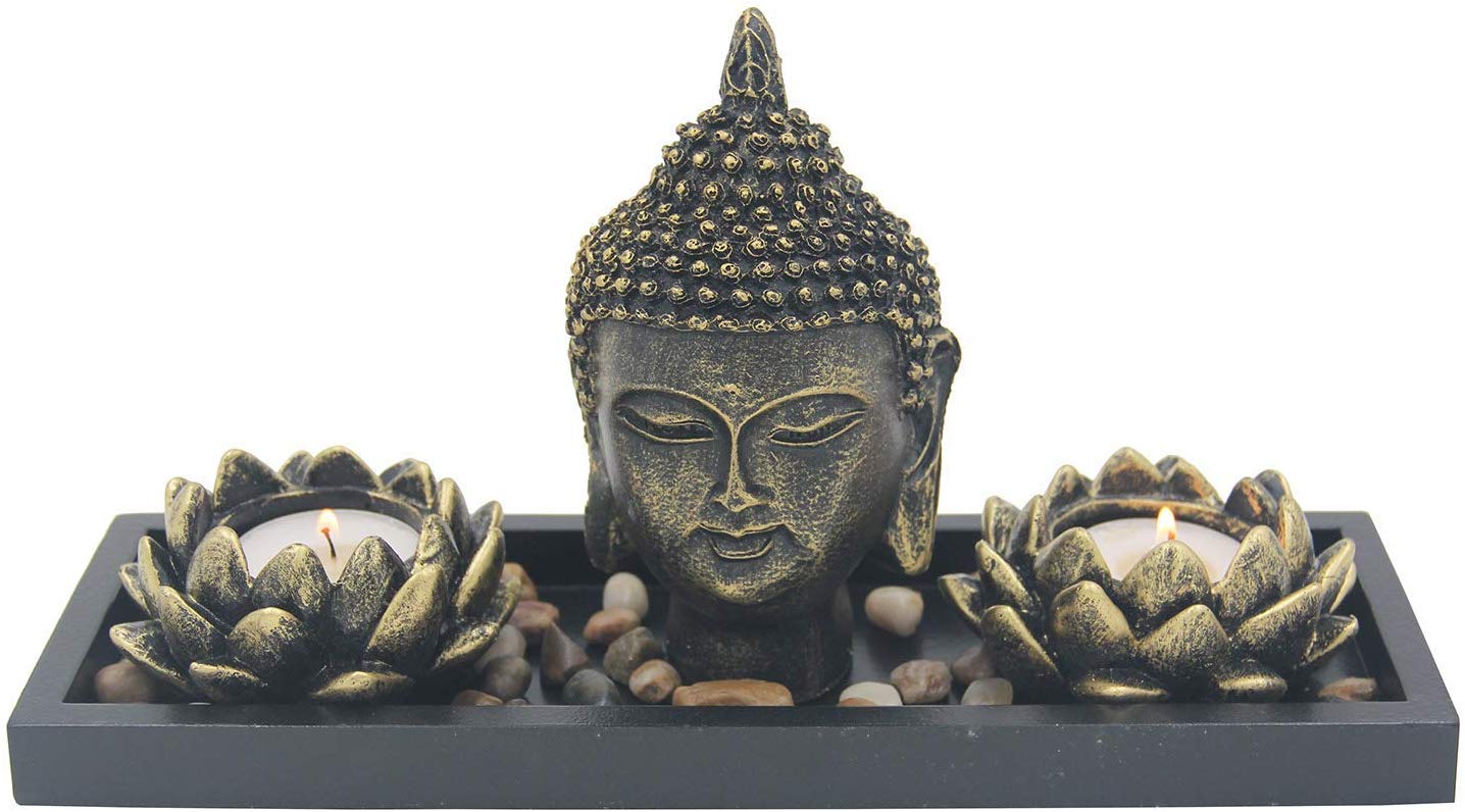 Zen Garden Buddha Head Lotus Tea Light Candle Holder Set Home Décor Gift - DharmaObjects