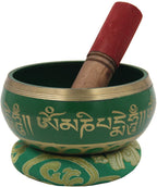 Medium ~ Tibetan OM MANI Singing Bowl Set ~ With Mallet, Brocade Cushion & Carry Bag ~ For Meditation, Chakra Healing, Prayer, Yoga (Green) - DharmaObjects