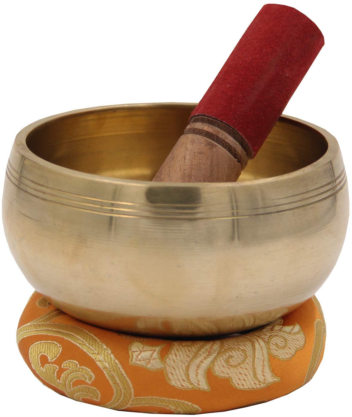 Medium ~ Tibetan OM MANI Singing Bowl Set ~ With Mallet, Brocade Cushion & Carry Bag ~ For Meditation, Chakra Healing, Prayer, Yoga (Yellow) - DharmaObjects
