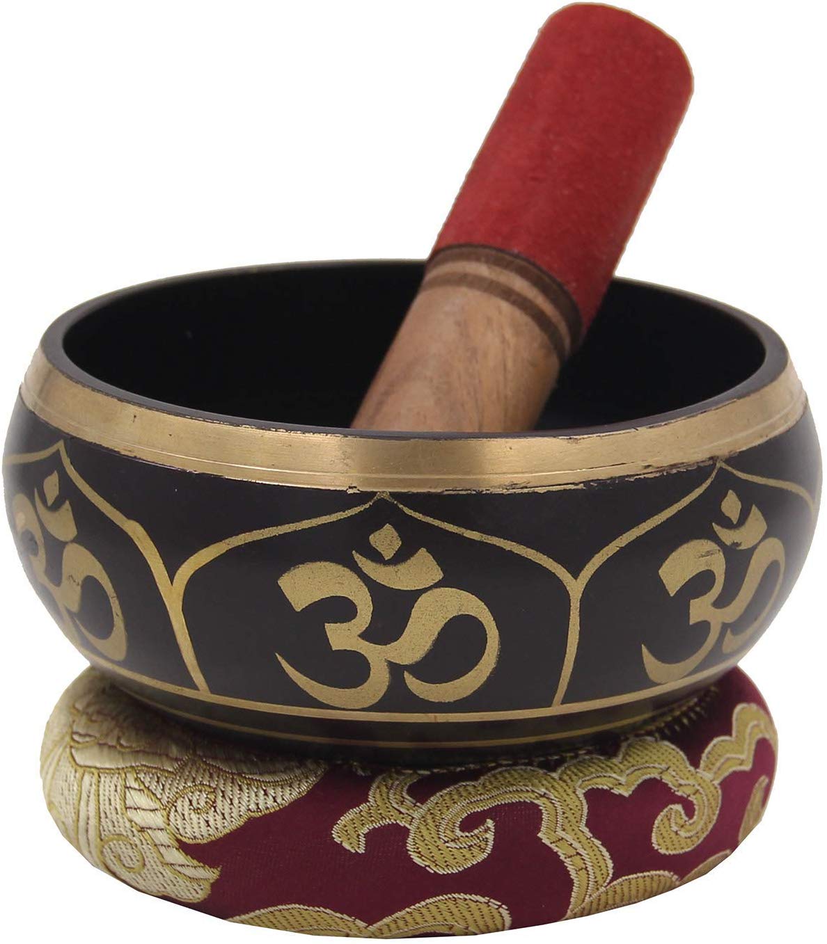 Tibetan OM Singing Bowl Set ~ With Mallet, Brocade Cushion & Carry Bag ~ For Meditation, Chakra Healing, Prayer, Yoga (OM, Purple) - DharmaObjects