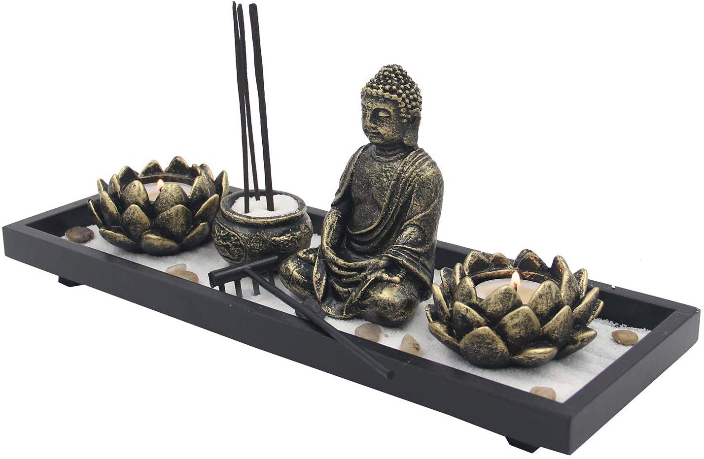 Zen Garden Buddha Statue Lotus Tea Light Candle and Incense Holder Complete Set Home Décor Gift - DharmaObjects