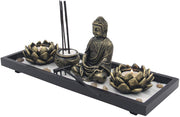 Zen Garden Buddha Statue Lotus Tea Light Candle and Incense Holder Complete Set Home Décor Gift - DharmaObjects