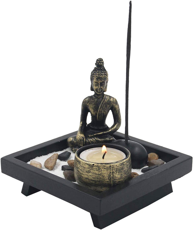 Mini Zen Garden Buddha Statue Candle and Incense Holder Complete Set Home Décor Gift - DharmaObjects