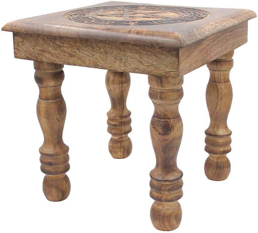 Solid Mango Wood Hand Carved Puja Shrine Altar Meditation Table (Pentagram Star) - DharmaObjects
