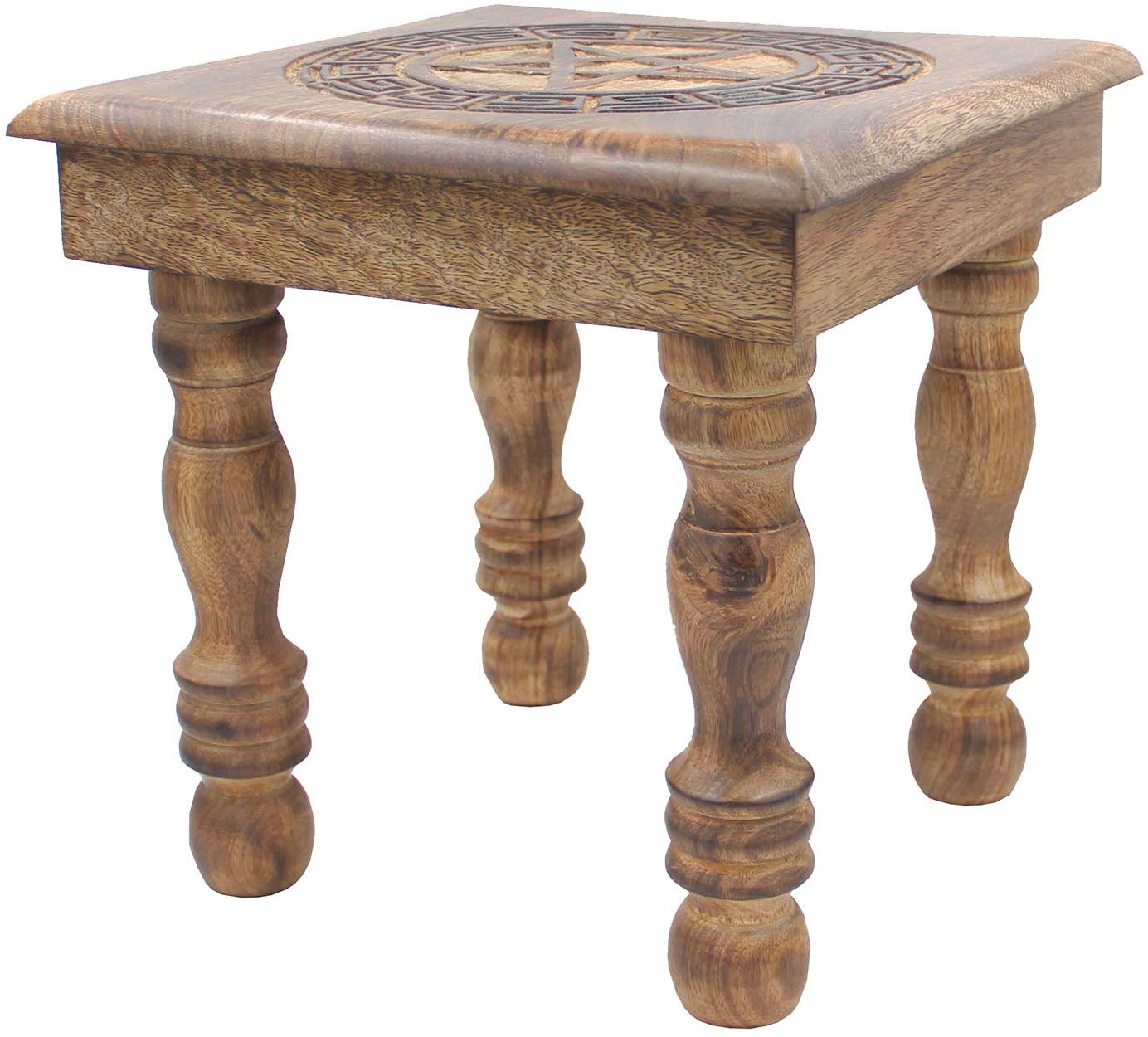 Solid Mango Wood Hand Carved Puja Shrine Altar Meditation Table (Pentagram Star) - DharmaObjects