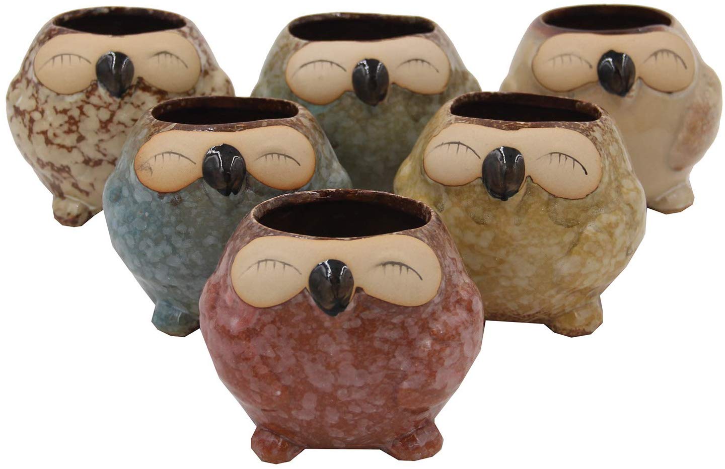 Set of 6 Owl Pots, Cute Little Ceramic Succulent Cactus Plant Pot Flower (SIX POTS # 2) - DharmaObjects