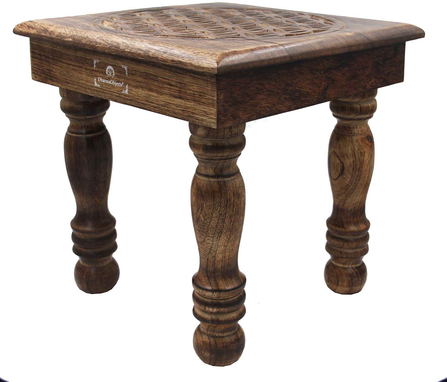 Solid Mango Wood Hand Carved Puja Shrine Altar Meditation Table (Flower of Life) - DharmaObjects