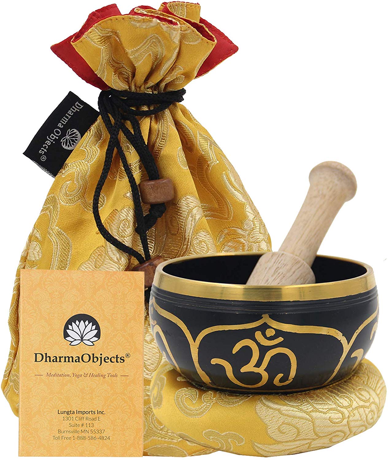 Tibetan OM Singing Bowl Set ~ With Mallet, Brocade Cushion & Carry Bag ~ For Meditation, Chakra Healing, Prayer, Yoga - DharmaObjects