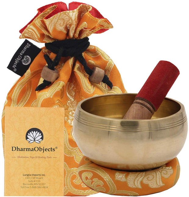 Medium ~ Tibetan OM MANI Singing Bowl Set ~ With Mallet, Brocade Cushion & Carry Bag ~ For Meditation, Chakra Healing, Prayer, Yoga (Yellow) - DharmaObjects