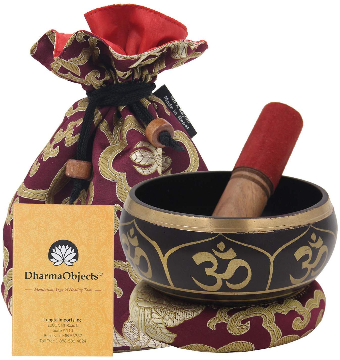 Tibetan OM Singing Bowl Set ~ With Mallet, Brocade Cushion & Carry Bag ~ For Meditation, Chakra Healing, Prayer, Yoga (OM, Purple) - DharmaObjects