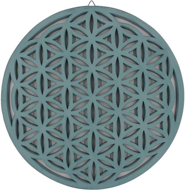 Large Flower of Life Sacred Geometry Positive Energy Handcrafted Wooden Wall Decor Hanging Art (Turquoise, 15.75 Inches) - DharmaObjects