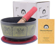 Yoga Meditation 6 Inches 8 Lucky Symbols Singing Bowl/Cushion/Leather Mallet Gift Set (Black) - DharmaObjects