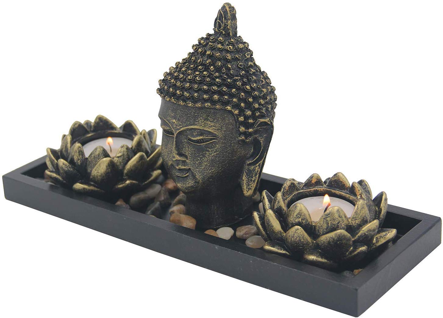 Zen Garden Buddha Head Lotus Tea Light Candle Holder Set Home Décor Gift - DharmaObjects