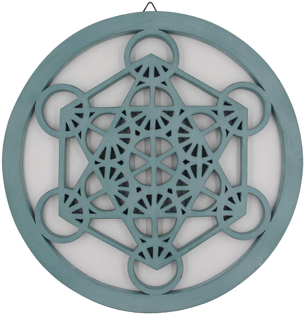 Large Metatron Cube Sacred Geometry Handcrafted Wooden Wall Decor (Turquoise, 15.75 Inches) - DharmaObjects