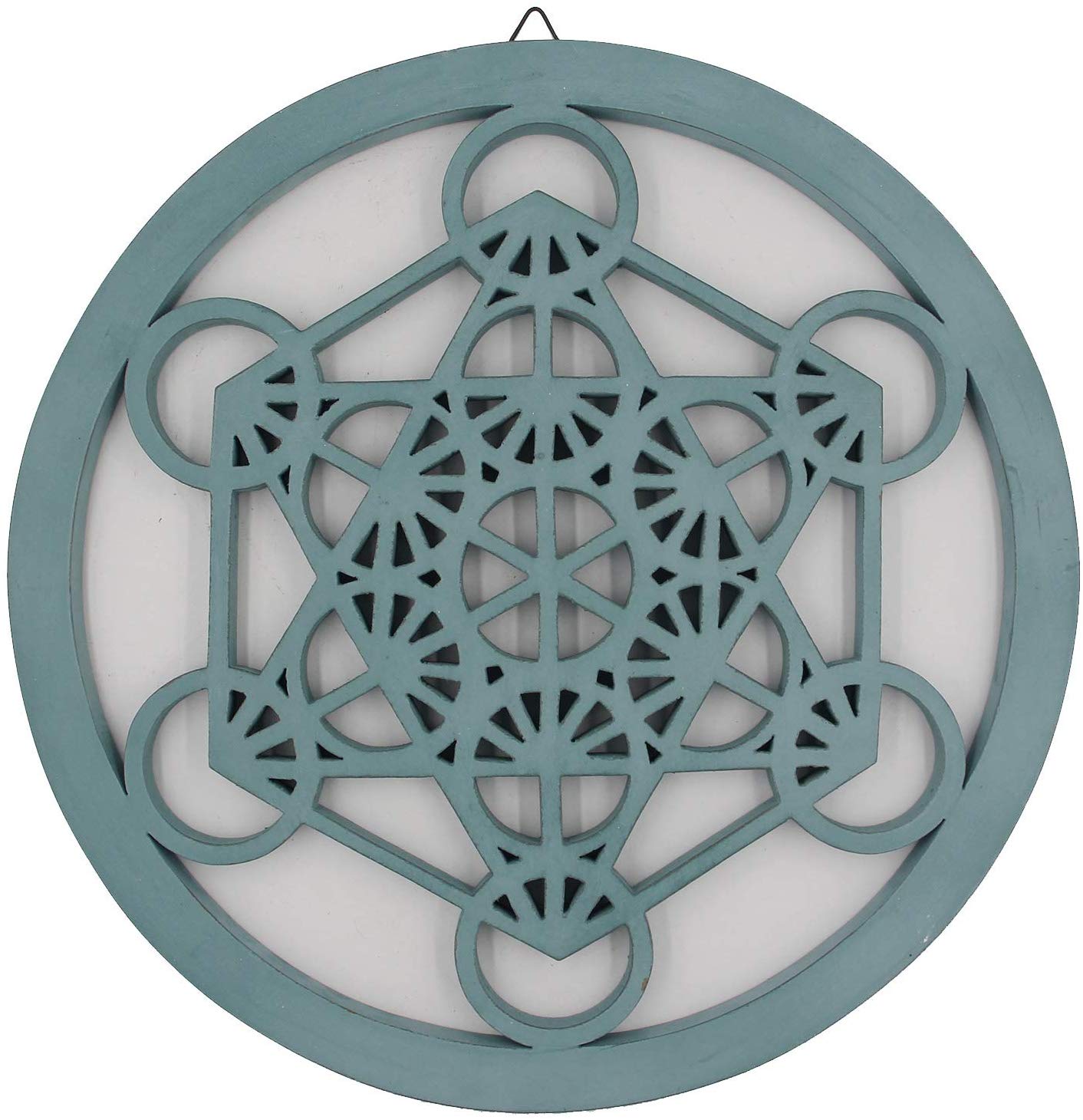 Large Metatron Cube Sacred Geometry Handcrafted Wooden Wall Decor (Turquoise, 15.75 Inches) - DharmaObjects