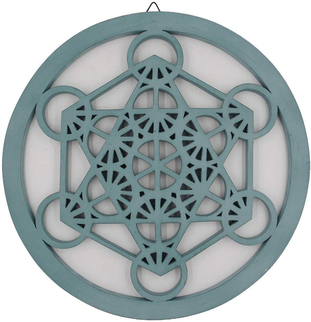 Large Metatron Cube Sacred Geometry Handcrafted Wooden Wall Decor (Turquoise, 15.75 Inches) - DharmaObjects