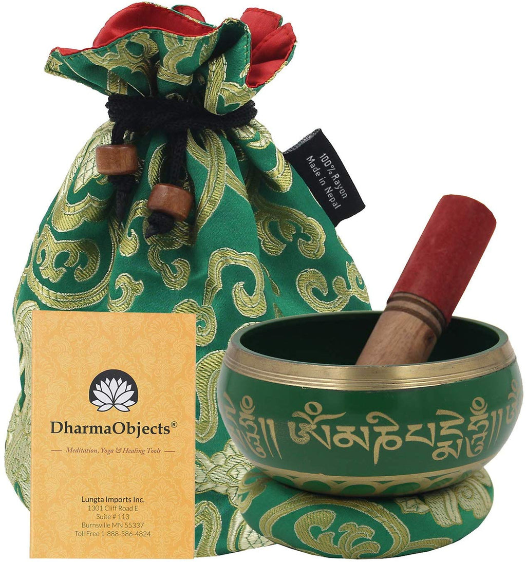 Medium ~ Tibetan OM MANI Singing Bowl Set ~ With Mallet, Brocade Cushion & Carry Bag ~ For Meditation, Chakra Healing, Prayer, Yoga (Green) - DharmaObjects