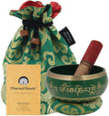 Medium ~ Tibetan OM MANI Singing Bowl Set ~ With Mallet, Brocade Cushion & Carry Bag ~ For Meditation, Chakra Healing, Prayer, Yoga (Green) - DharmaObjects