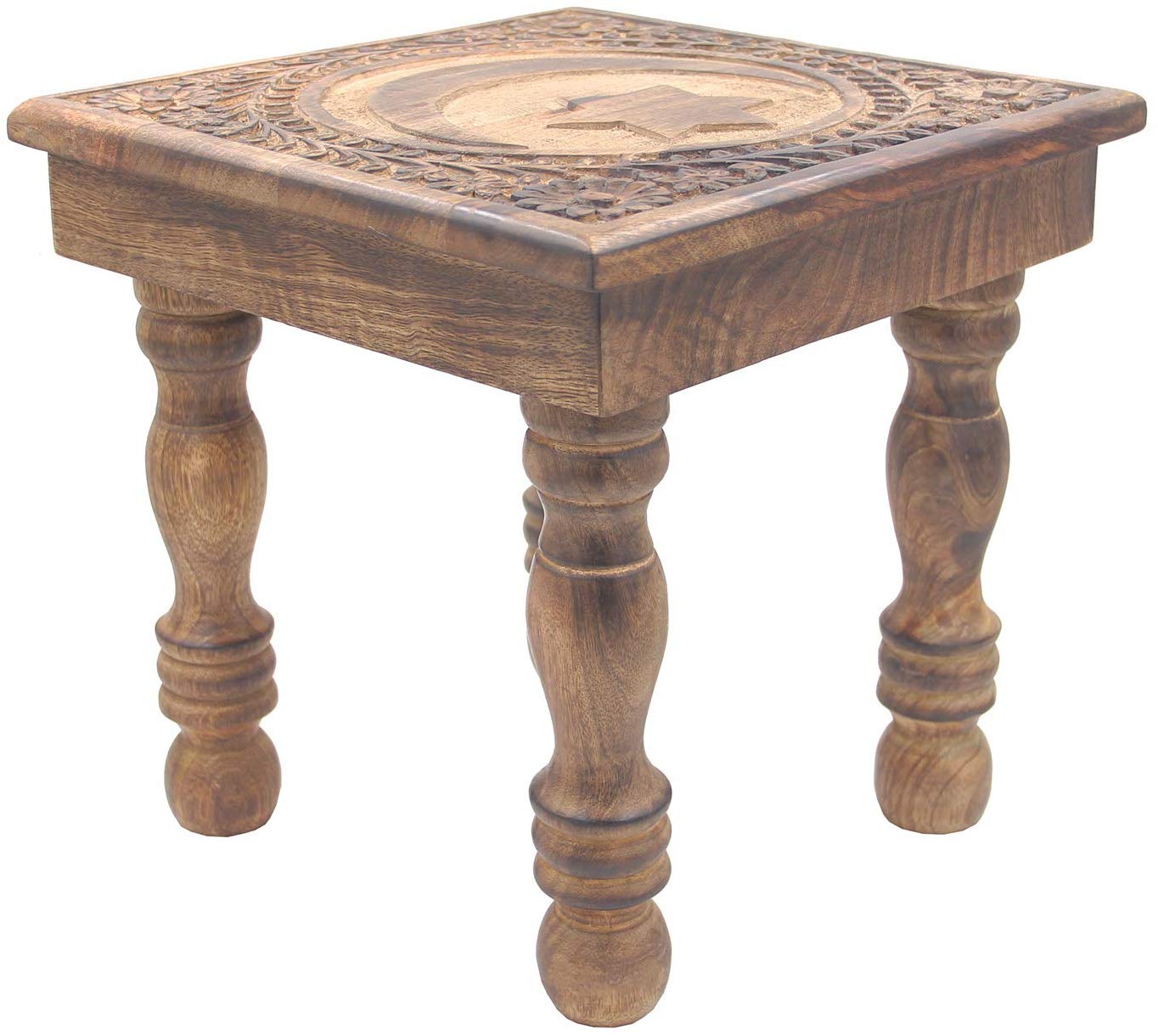 Solid Mango Wood Hand Carved Puja Shrine Altar Meditation Table (Star Moon) - DharmaObjects