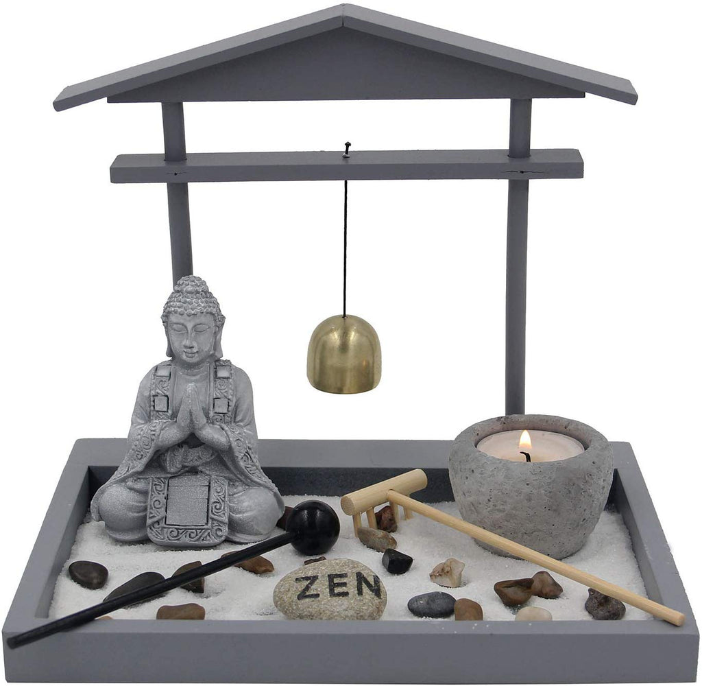 Buddha Zen Garden Tea Light Candle Holder Set (Gray Bell Buddha) - DharmaObjects