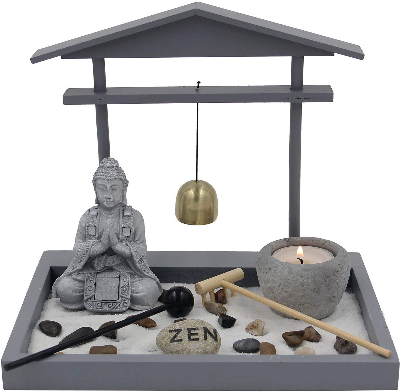 Buddha Zen Garden Tea Light Candle Holder Set (Gray Bell Buddha) - DharmaObjects