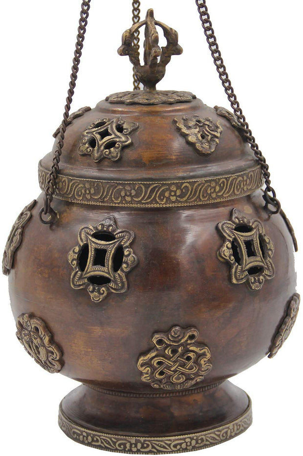 Tibetan Traditional Hanging Incense Burner Copper (8.5 x 6 x 6 Inches, Hanging 5) - DharmaObjects