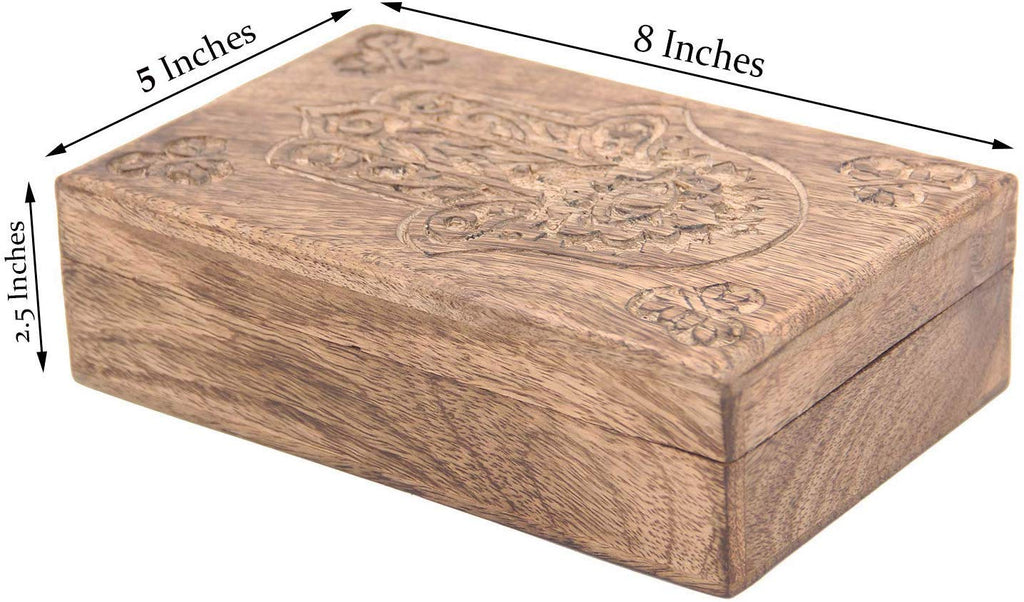 Hamsa Hand of Fatima Hand Carved Jewelry Trinket Keepsake Wooden Storage Box (Fatima Hand, Large) - DharmaObjects