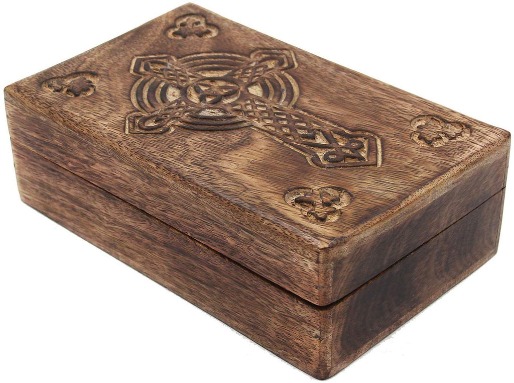 Hand Carved Jewelry Trinket Keepsake Wooden Storage Box (Large, Celtic Cross) - DharmaObjects