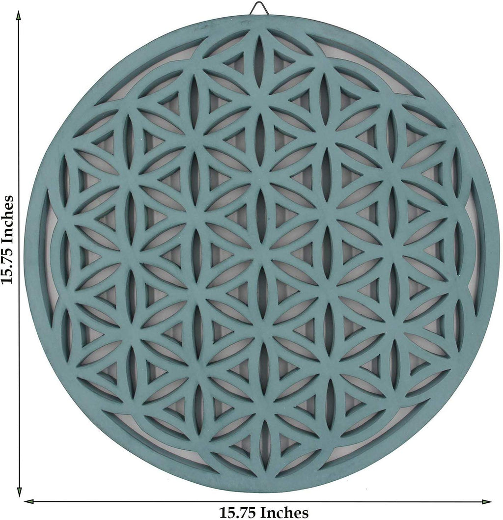 Large Flower of Life Sacred Geometry Positive Energy Handcrafted Wooden Wall Decor Hanging Art (Turquoise, 15.75 Inches) - DharmaObjects