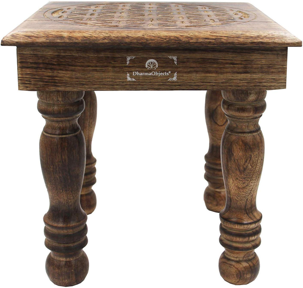 Solid Mango Wood Hand Carved Puja Shrine Altar Meditation Table (Flower of Life) - DharmaObjects