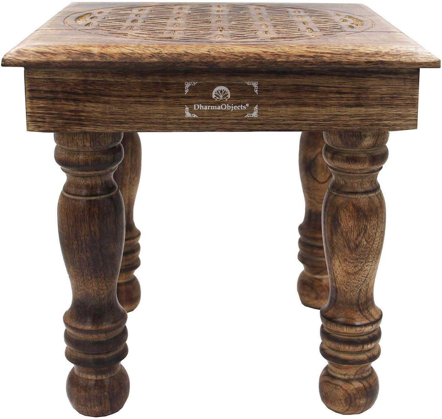 Solid Mango Wood Hand Carved Puja Shrine Altar Meditation Table (Flower of Life) - DharmaObjects