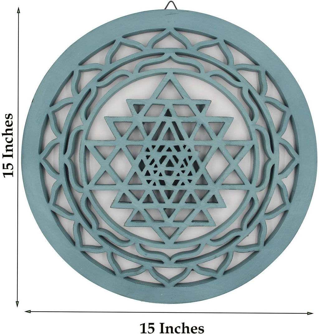 Large Shri Yantra Hindu Sacred Handcrafted Wooden Wall Decor (Turquoise, 15.75 Inches) - DharmaObjects