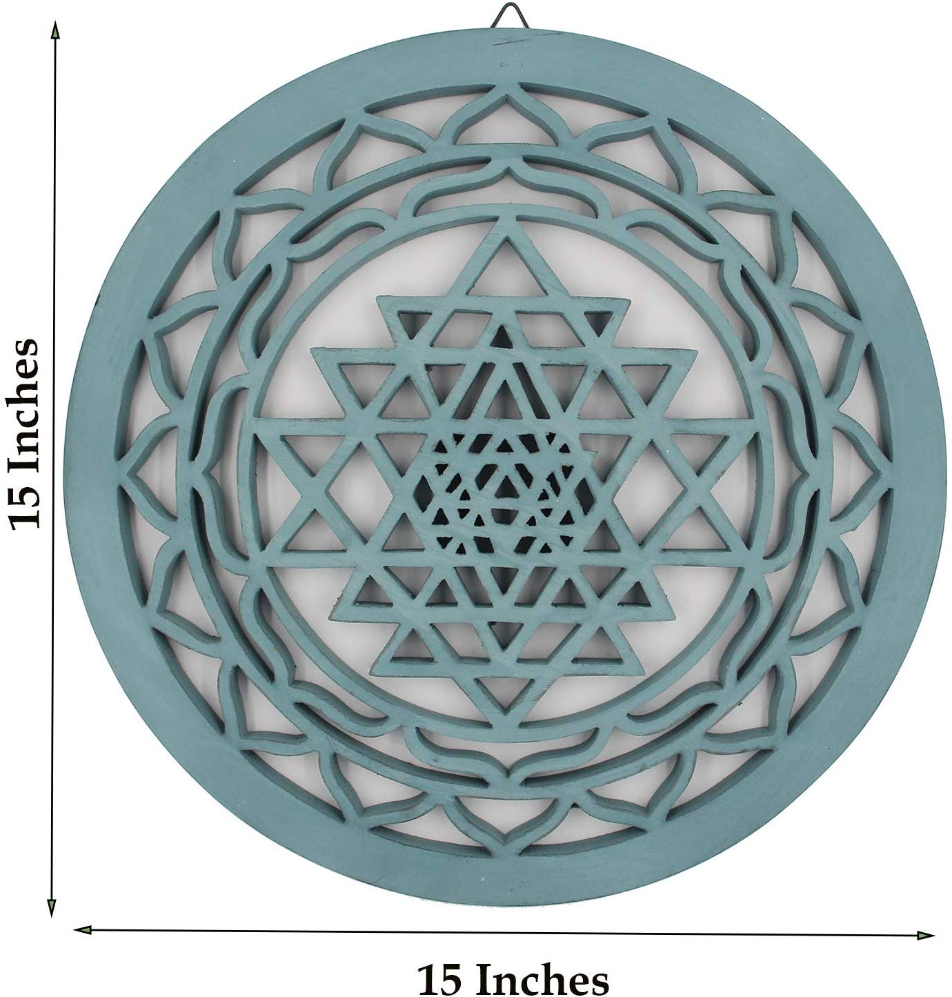 Large Shri Yantra Hindu Sacred Handcrafted Wooden Wall Decor (Turquoise, 15.75 Inches) - DharmaObjects