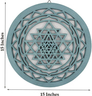 Large Shri Yantra Hindu Sacred Handcrafted Wooden Wall Decor (Turquoise, 15.75 Inches) - DharmaObjects