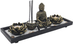 Zen Garden Buddha Statue Lotus Tea Light Candle and Incense Holder Complete Set Home Décor Gift - DharmaObjects