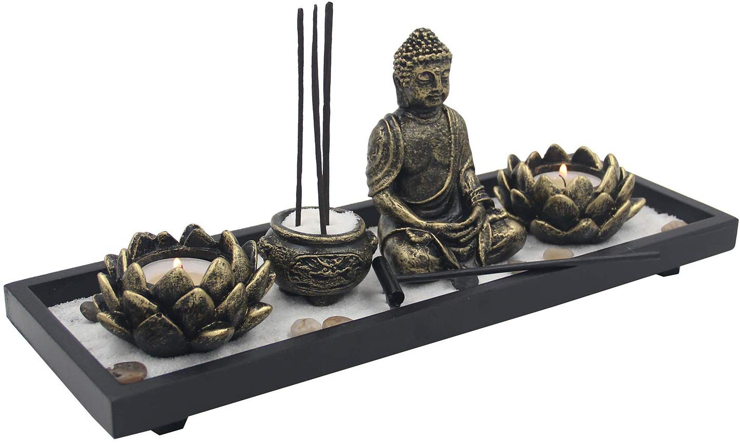 Zen Garden Buddha Statue Lotus Tea Light Candle and Incense Holder Complete Set Home Décor Gift - DharmaObjects