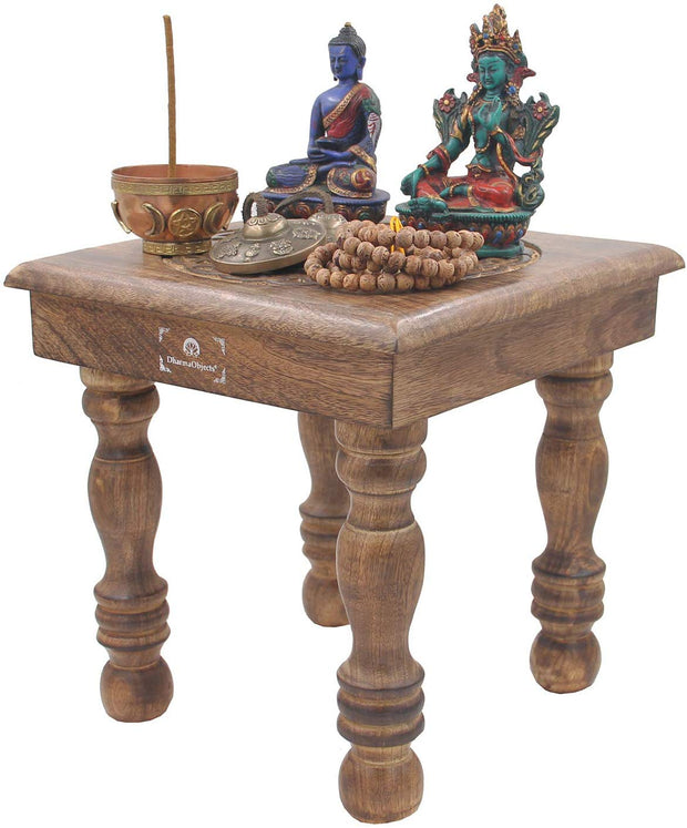 Solid Mango Wood Hand Carved Puja Shrine Altar Meditation Table (Triquetra) - DharmaObjects