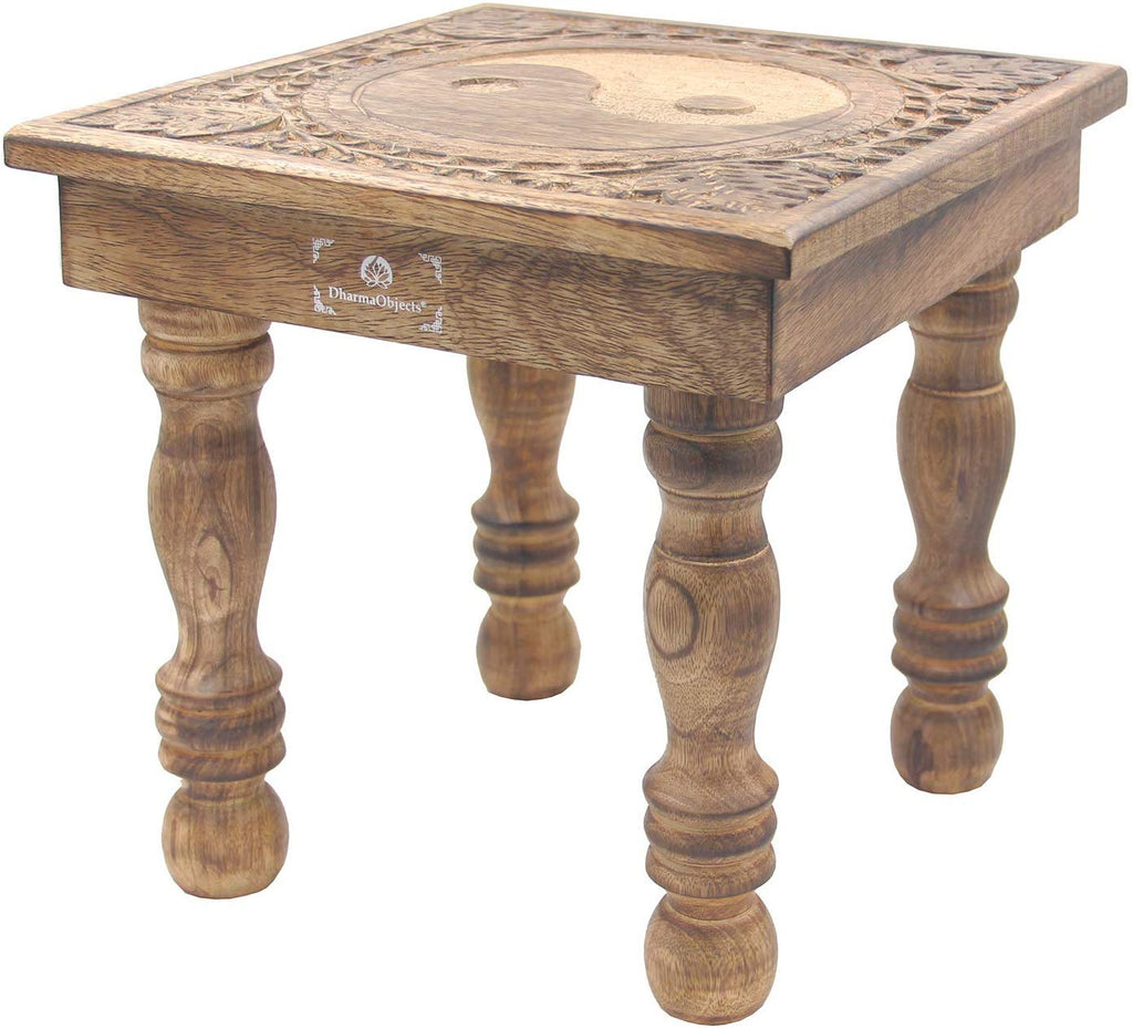 Solid Mango Wood Hand Carved Prayer Puja Shrine Altar Meditation Table (Yin Yang) - DharmaObjects