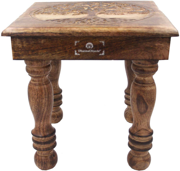 Solid Mango Wood Hand Carved Puja Shrine Altar Meditation Table (Tree of Life 1) - DharmaObjects