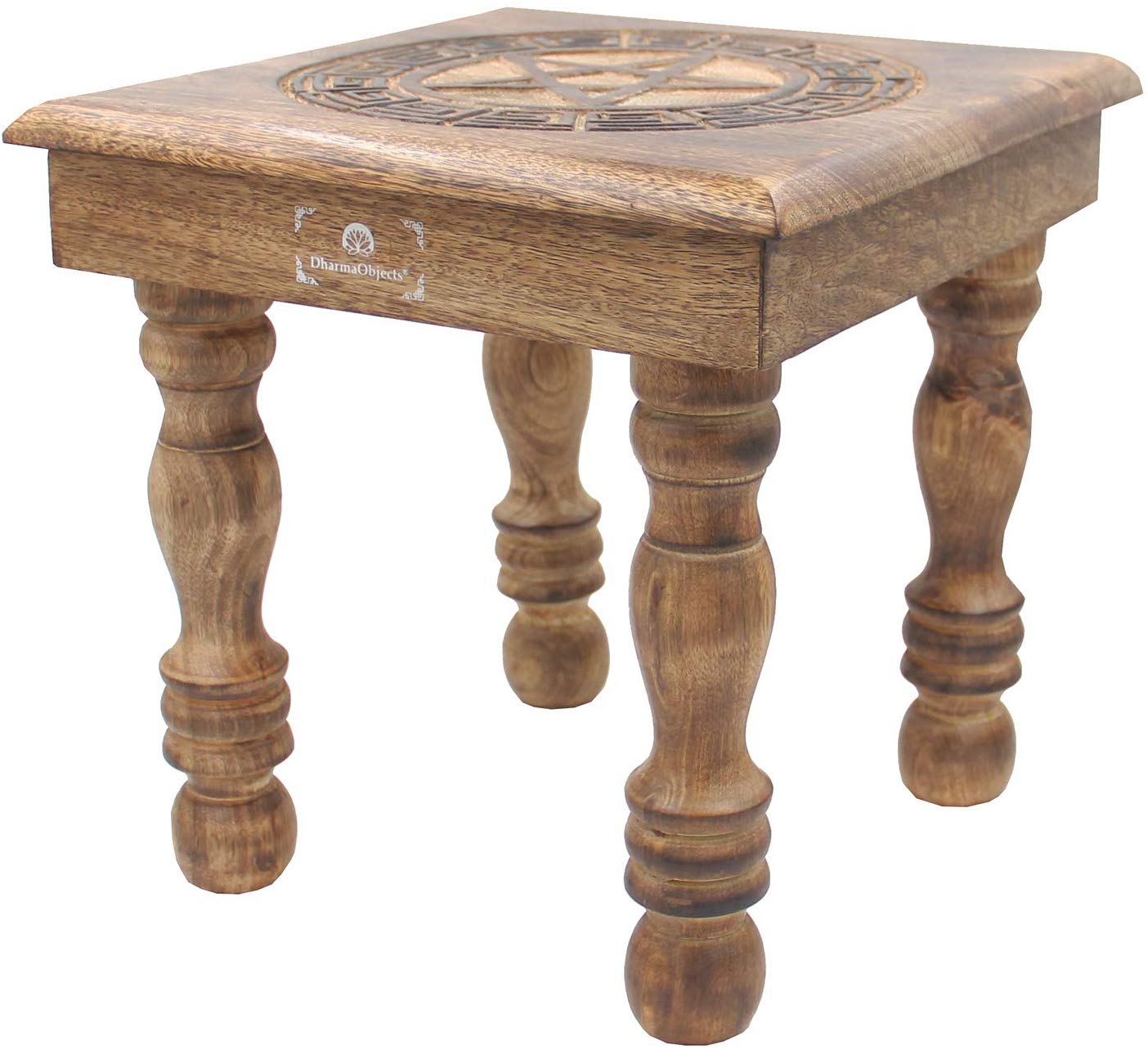 Solid Mango Wood Hand Carved Puja Shrine Altar Meditation Table (Pentagram Star) - DharmaObjects