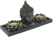 Zen Garden Buddha Head Lotus Tea Light Candle Holder Set Home Décor Gift - DharmaObjects