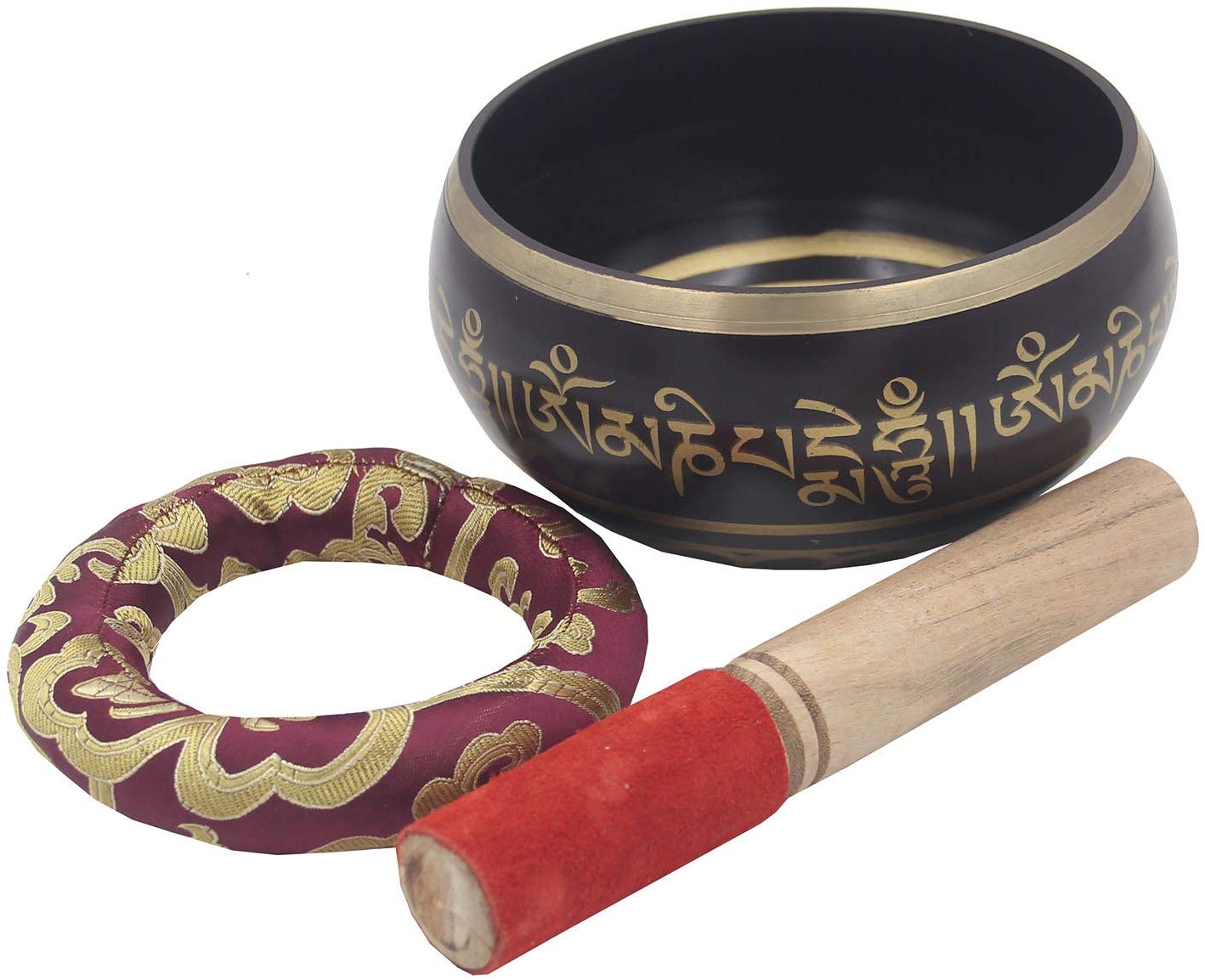 Tibetan Extra Large Heavy Meditation Singing Bowl With Mallet and Silk Cushion (Purple Om mani) - DharmaObjects